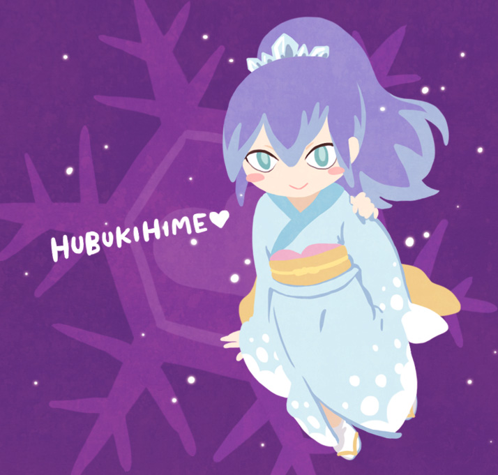 1girl, blue_hair, blush_stickers, character_name, chuno, fubukihime, heart, high_ponytail, japanese_clothes, kimono, long_hair, looking_at_viewer, multicolored_hair, purple_background, purple_hair, sandals, smile, snowflakes, socks, solo, two-tone_hair, youkai, youkai_watch