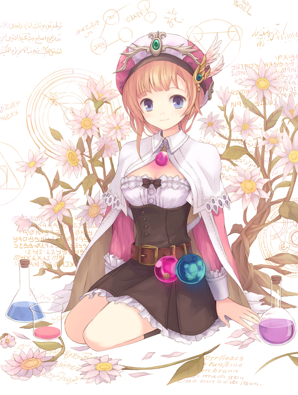 atelier_(series), atelier_rorona, blue_eyes, brown_dress, brown_hair, dress, flower, hat
