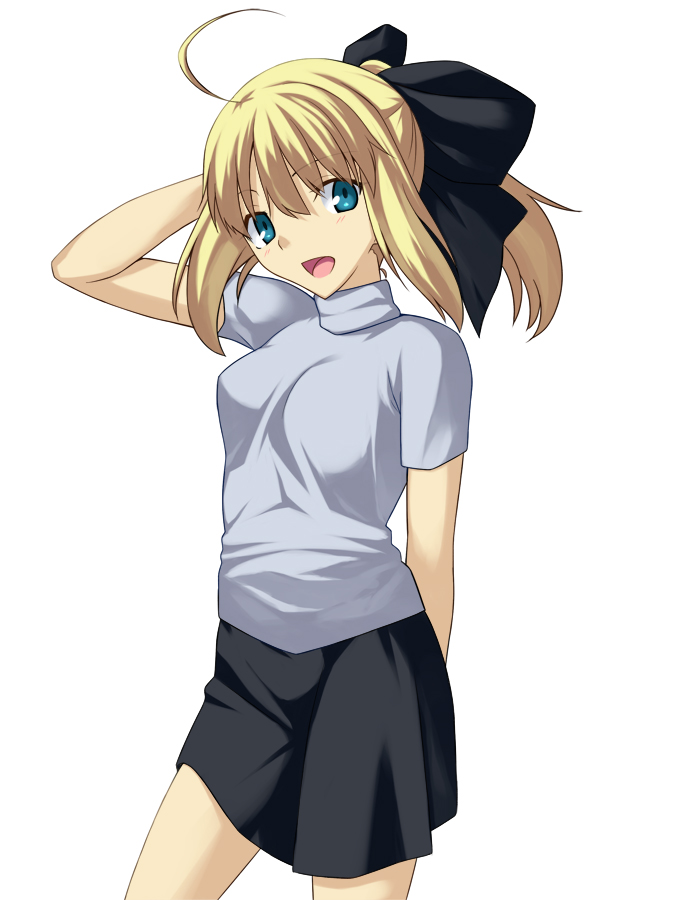 1girl, ahoge, blonde_hair, blush, casual, fate/stay_night, fate_(series), green_eyes