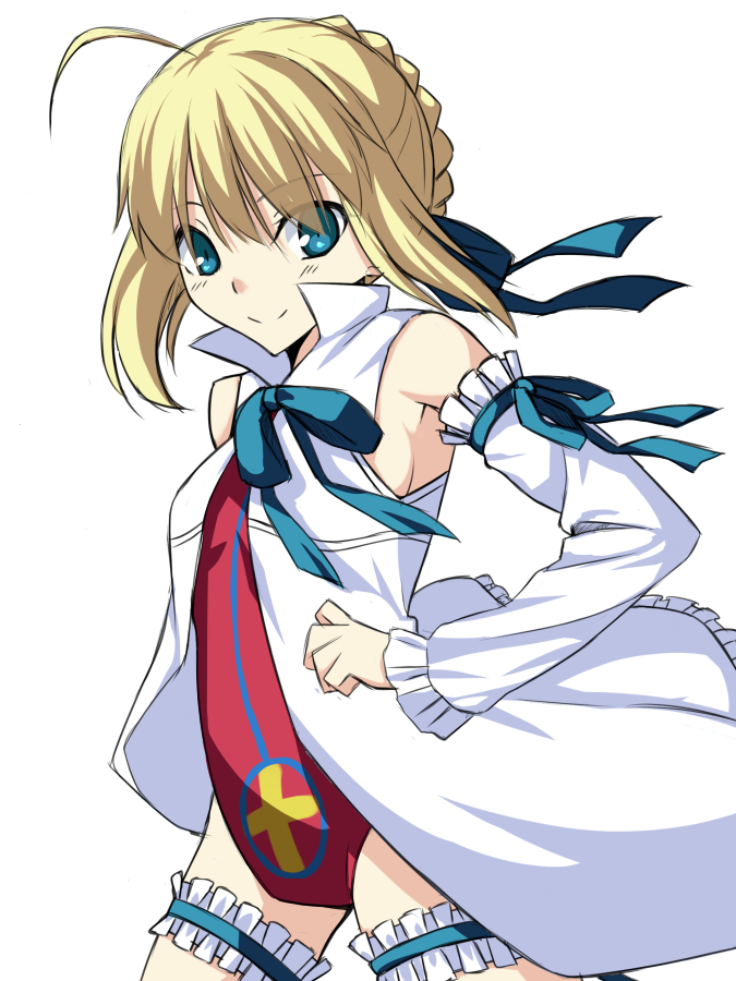 1girl, blonde_hair, blush, cosplay, detached_sleeves, disgaea, dress, fate/stay_night