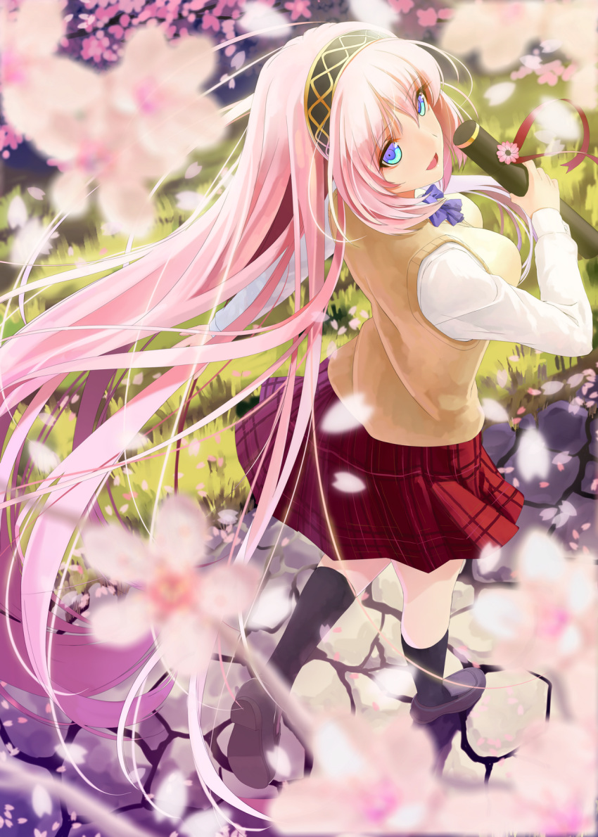 1girl, black_legwear, blue_eyes, bowtie, cherry_blossoms, flower, graduated_cylinder, grass, hairband, highres, long_hair, long_sleeves, looking_back, megurine_luka, okingjo, pink_hair, school_uniform, shirt, skirt, smile, socks, solo, sweater, very_long_hair, vocaloid