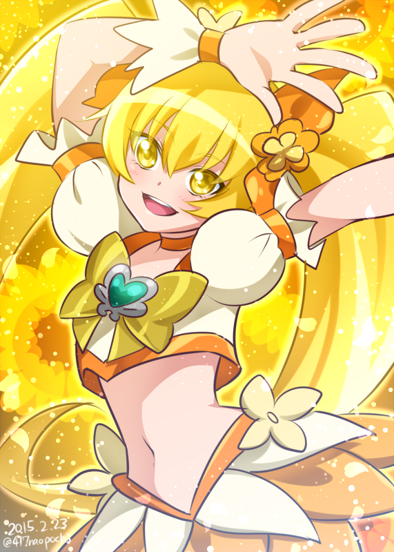 0417nao, 1girl, 2015, arms_up, blonde_hair, bow, brooch, crop_top, cure_sunshine, dated, hair_bow, heartcatch_precure!, jewelry, long_hair, magical_girl, midriff, myoudouin_itsuki, navel, orange_bow, precure, signature, skirt, smile, solo, twintails, twitter_username, yellow_bow, yellow_eyes