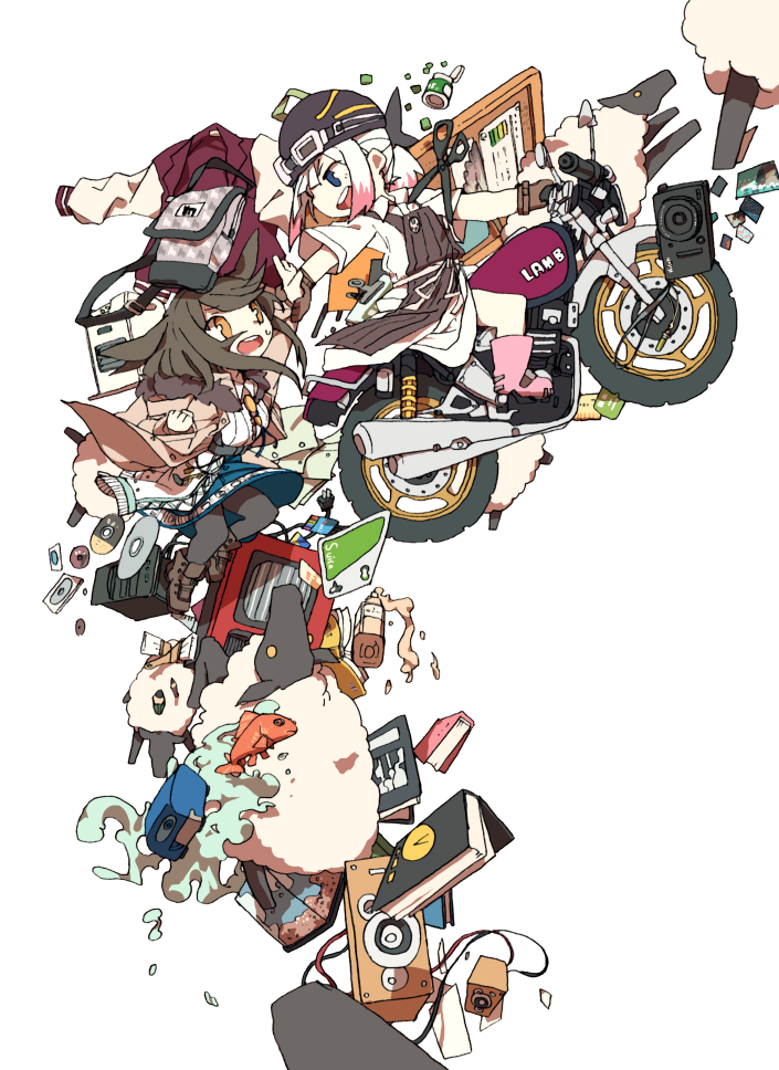 2girls, animal_ears, aquarium, bag, bandana, black_hair, black_legwear, blue_eyes