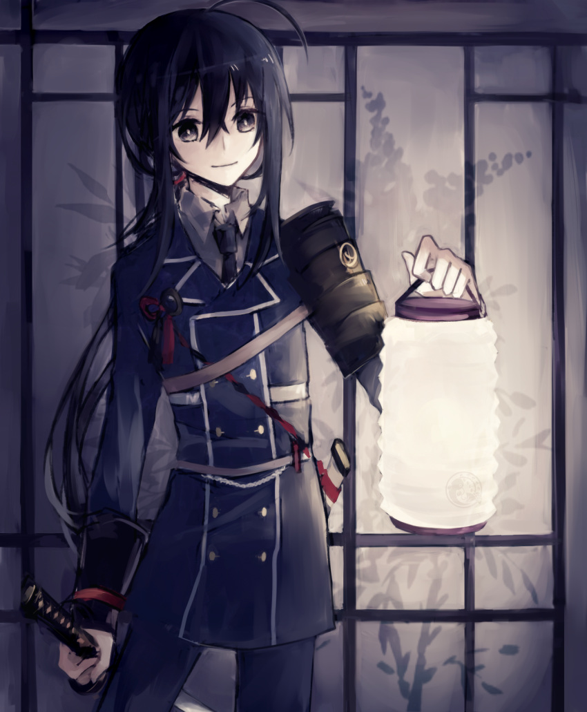 1boy, ahoge, androgynous, black_hair, highres, lantern, male_focus, military