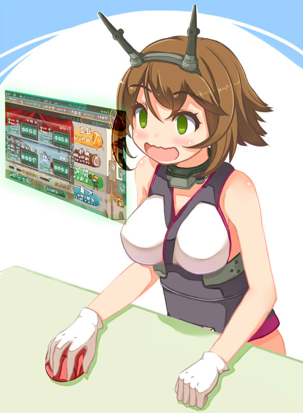 1girl, brown_hair, computer_mouse, gloves, green_eyes, hairband, headgear, kantai_collection