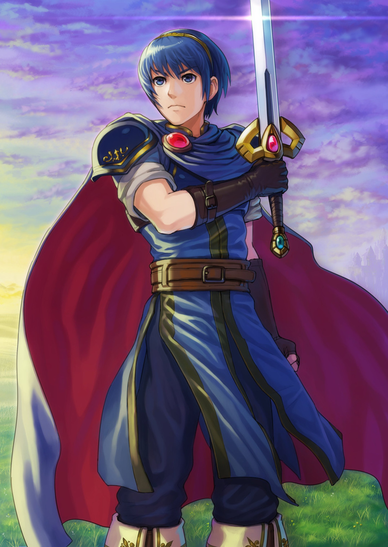 1boy, belt, blue_eyes, blue_hair, brown_gloves, clouds, cloudy_sky, cowboy_shot, fire_emblem, fire_emblem:_mystery_of_the_emblem, gloves, goma_(goma-folio), holding_sword, holding_weapon, marth, pants, serious, shiny, shiny_hair, shirt, sky, solo, sword, tiara, weapon