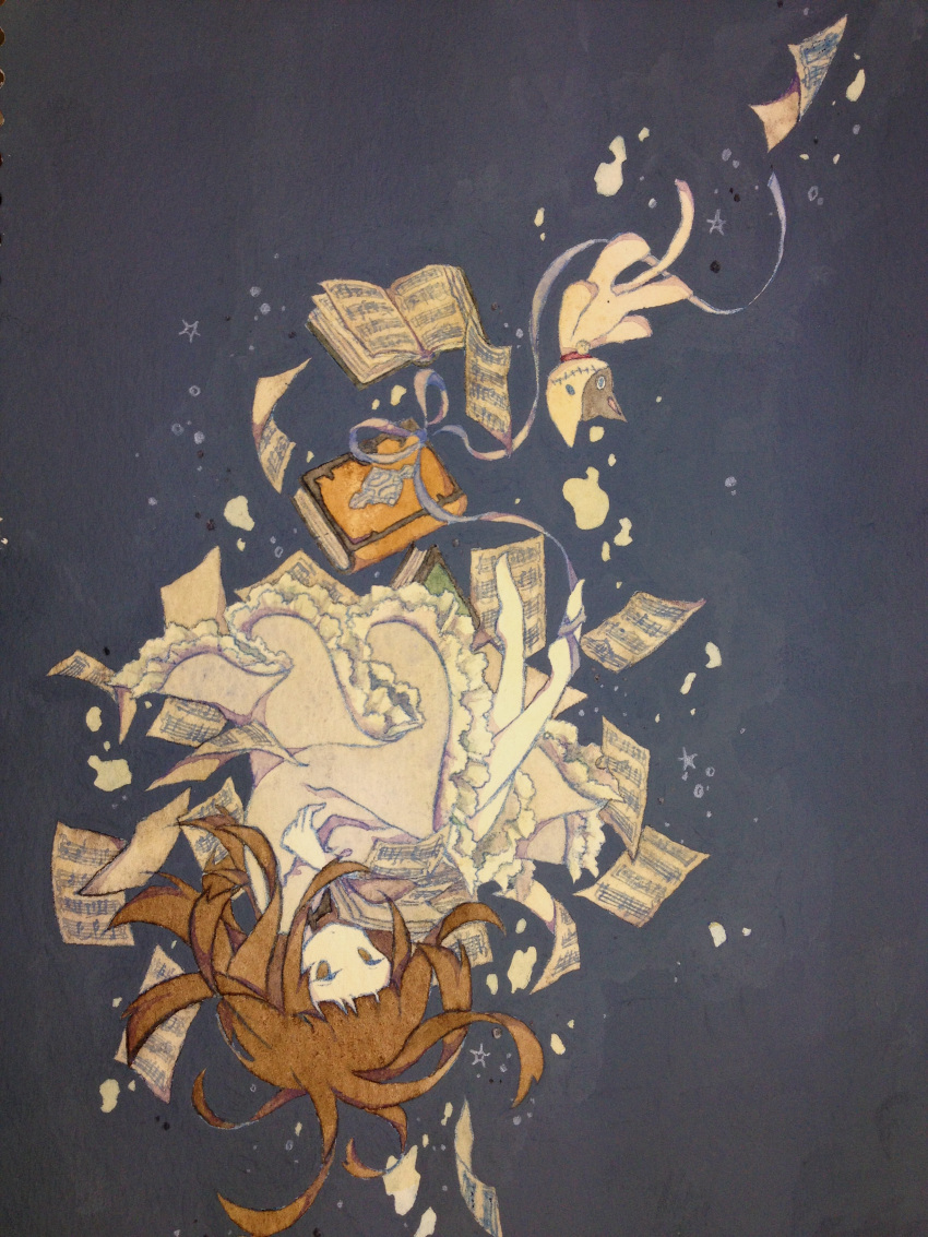 1girl, absurdres, book, deemo, dress, falling, girl_(deemo), highres