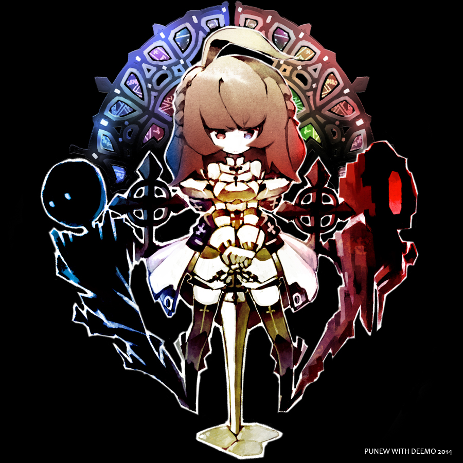 1girl, ahoge, armor, brown_hair, crossover, cytus, deemo, deemo_(character)