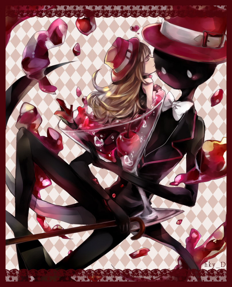 1girl, blush, cane, cherry, closed_eyes, cocktail, deemo, deemo_(character), dress, food, fruit, fukiyu_(fhxyhky), girl_(deemo), hat, high_heels, kiss