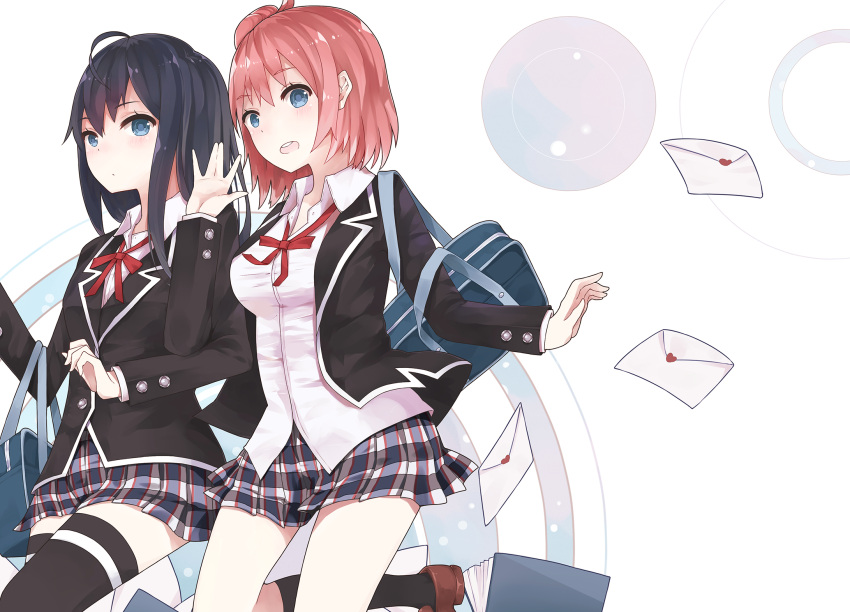 2girls, bag, black_hair, blazer, blue_eyes, hair_bun, hair_ribbon, highres