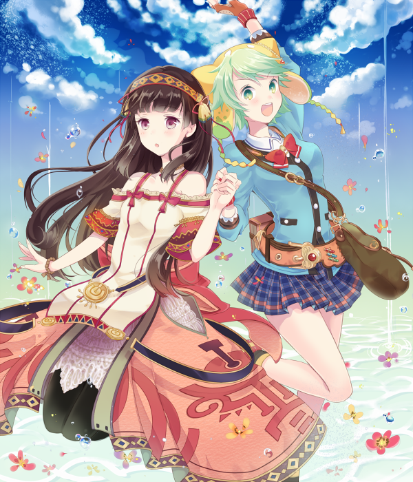 2girls, :d, arm_up, atelier_(series), atelier_shallie, bag, belt, black_hair, black_legwear, blue_shirt, blue_skirt, bow, bowtie, bracelet, clouds, dress, flower, green_eyes, green_hair, hairband, hat, jewelry, kokuro, long_hair, multiple_girls, open_mouth, pantyhose, pink_eyes, plaid, plaid_skirt, pleated_skirt, red_bow, shallistera_(atelier), shallotte_elminus, shirt, short_hair, skirt, sky, smile