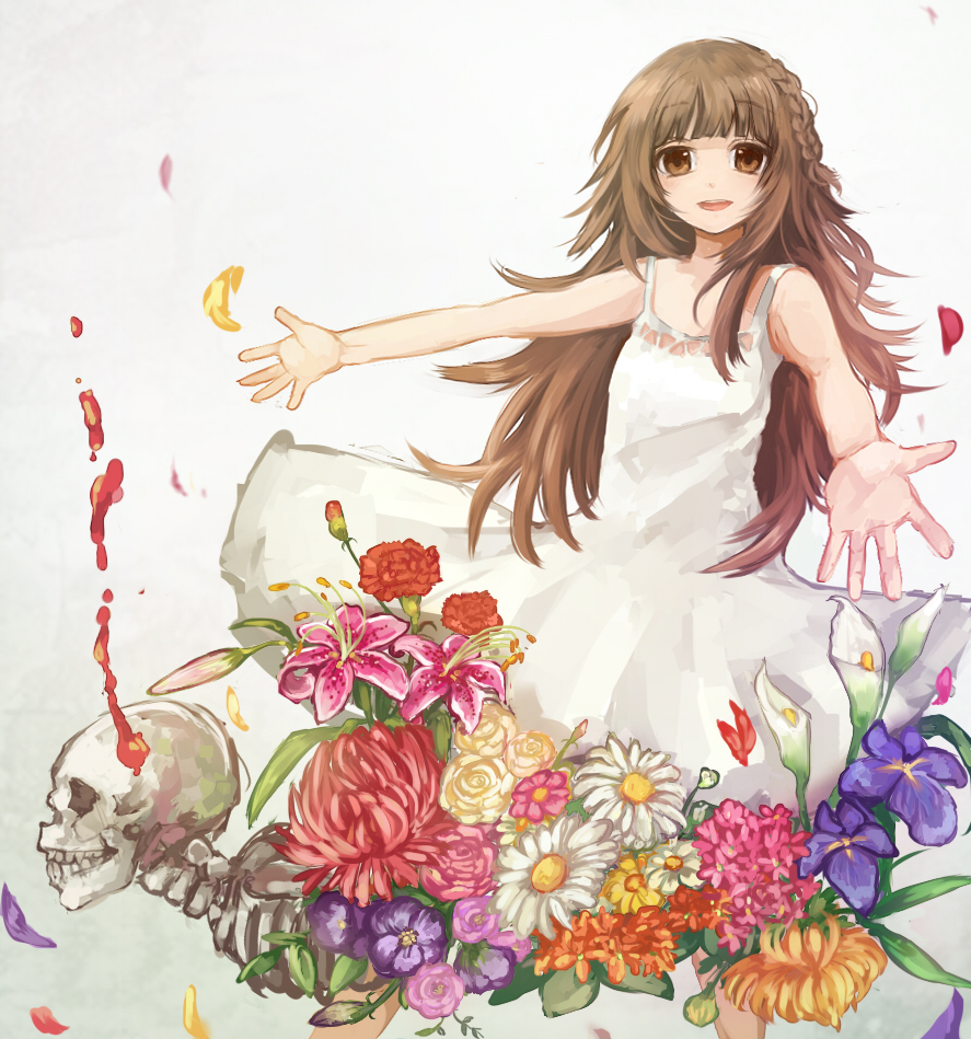 1girl, brown_eyes, brown_hair, deemo, dress, flower, girl_(deemo), jikkentai_(zol8529)