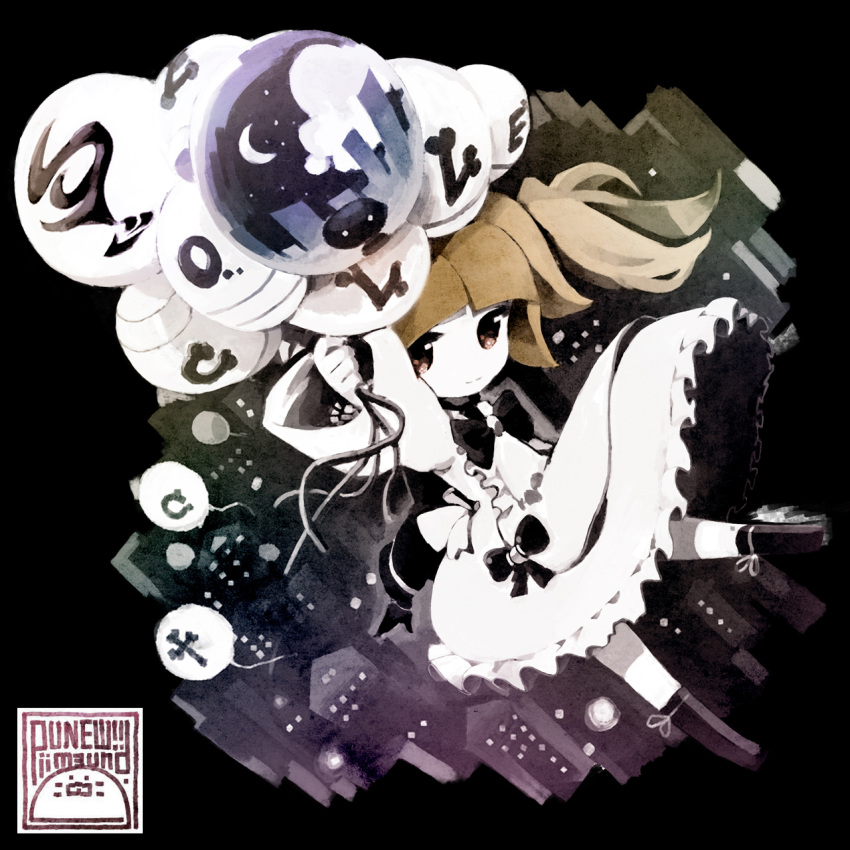1girl, balloon, brown_eyes, brown_hair, deemo, dress, girl_(deemo), highres