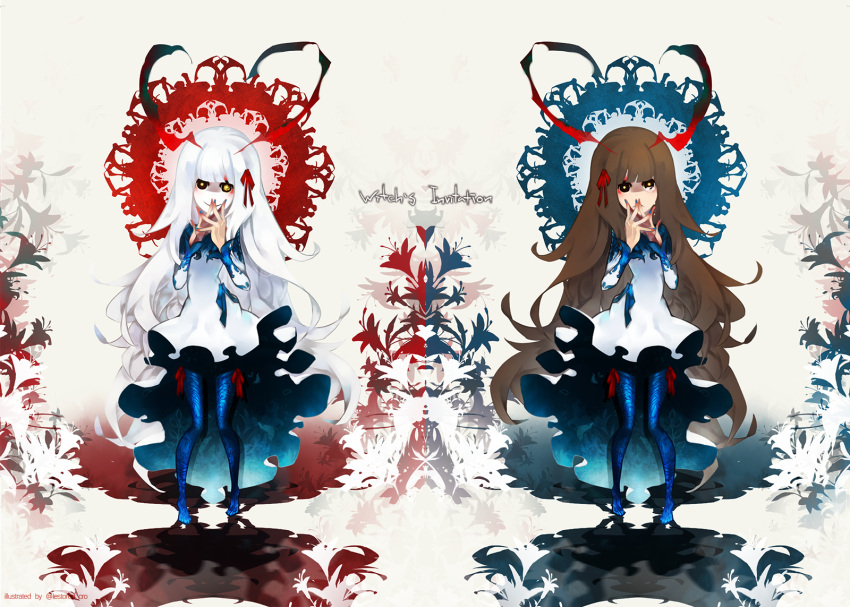 2girls, blue_legwear, brown_hair, character_request, deemo, dress, frills, girl_(deemo)