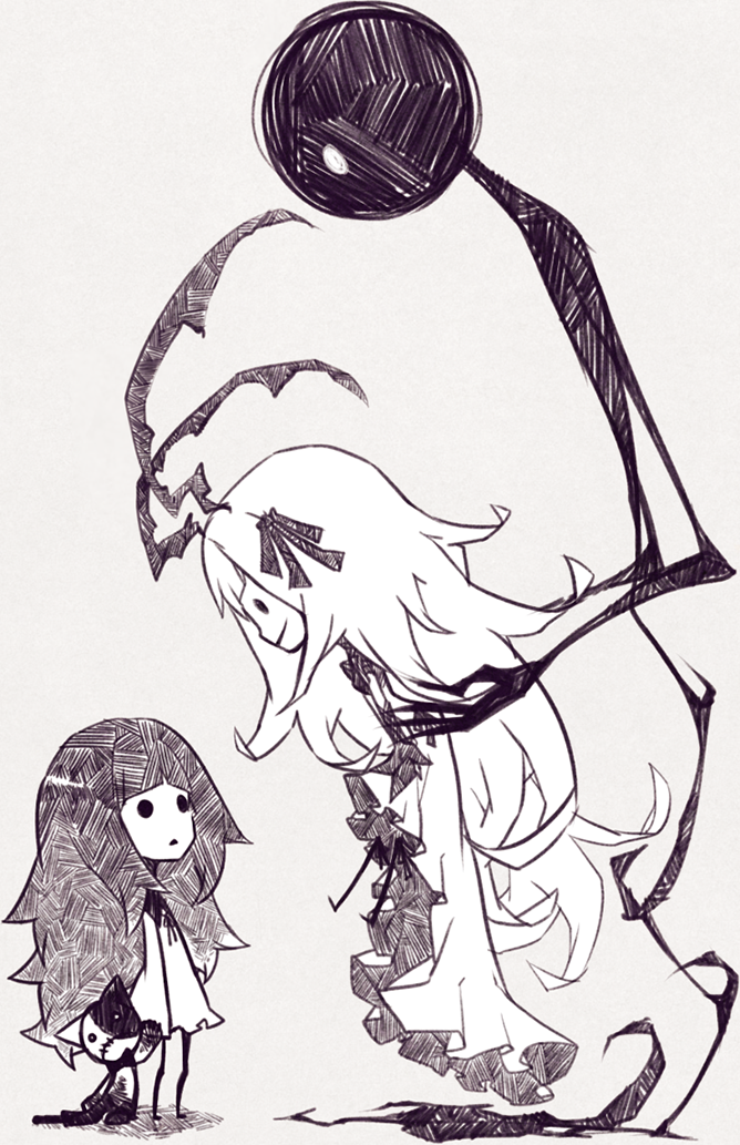2girls, character_request, deemo, deemo_(character), frills, girl_(deemo), height_difference, holding