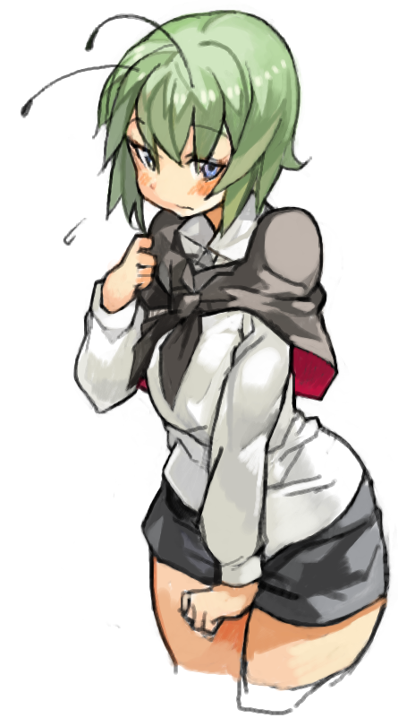 1girl, antennae, blue_eyes, blush, capelet, cropped_legs, flying_sweatdrops, green_hair