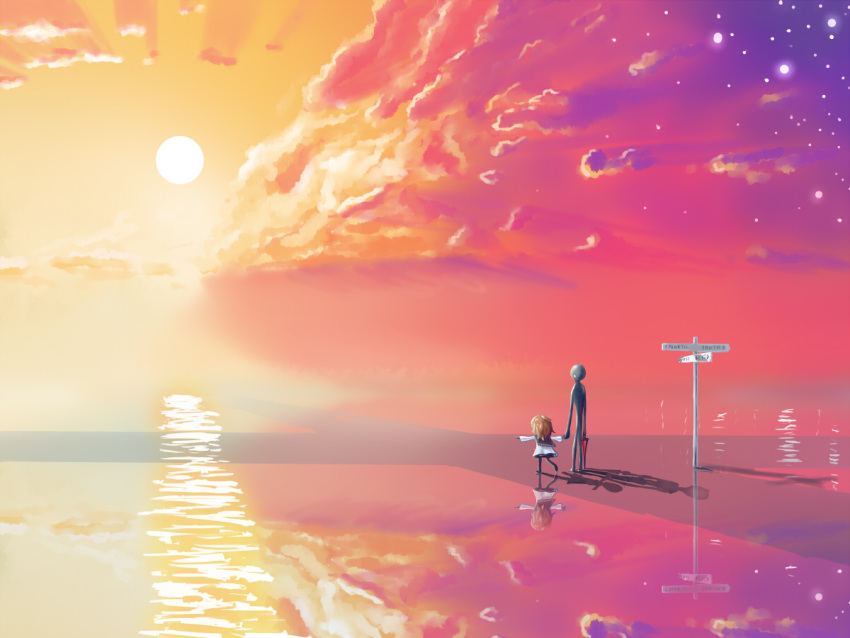 1girl, deemo, deemo_(character), different_reflection, fuujin_(sajinnarashi), girl_(deemo), holding_hands, outstretched_arms, pointing, reflection, shadow, signpost, sky, spoilers, spread_arms, sun, sunset, water
