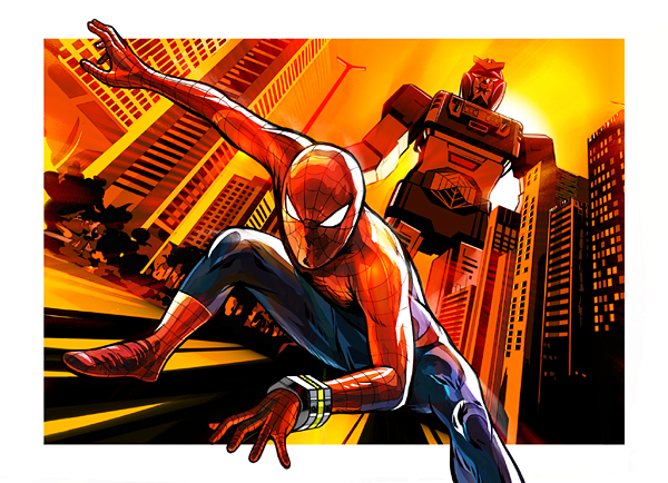 cityscape, jewelry, leopardon, marvel, mecha, spider-man, tonji, twilight