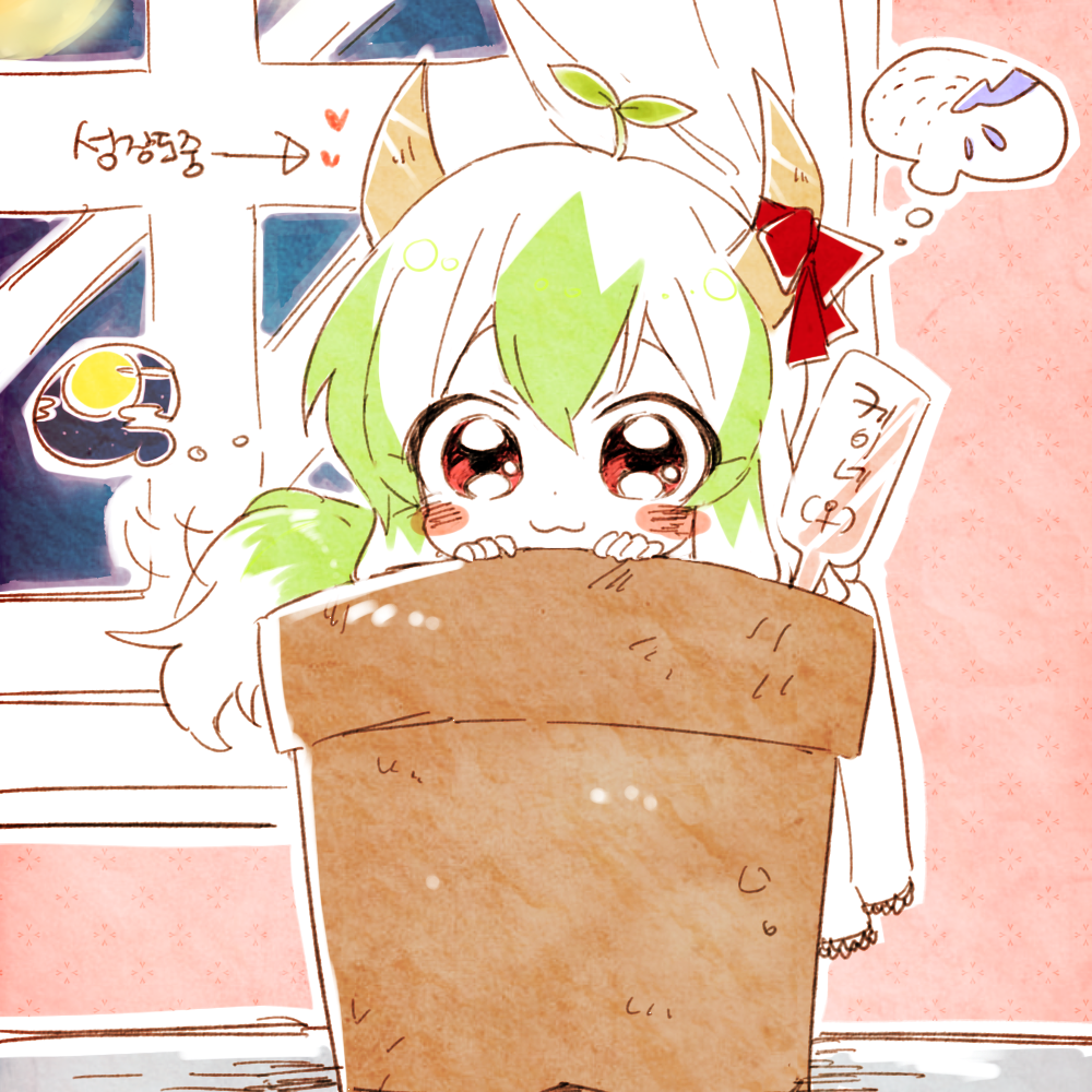 :3, chibi, ex-keine, flower_pot, green_hair, hair_between_eyes, indoors, kamishirasawa_keine