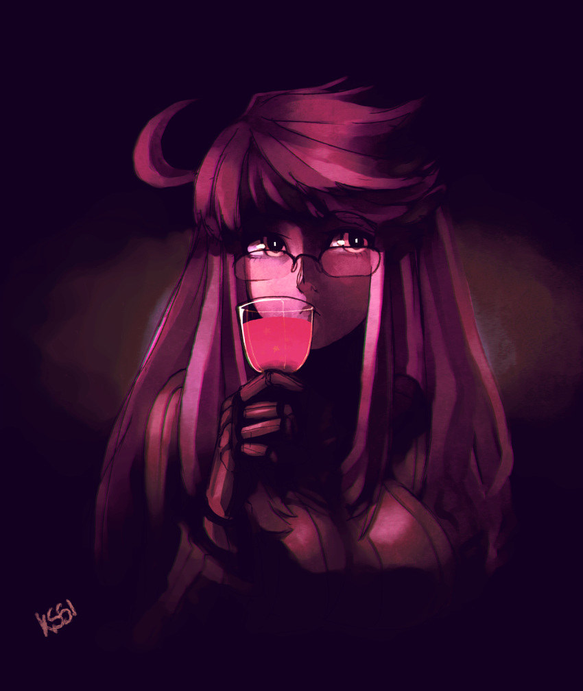 ahoge, alma_(va-11_hall-a), bangs, breasts, cup, drink, eyelashes, glass