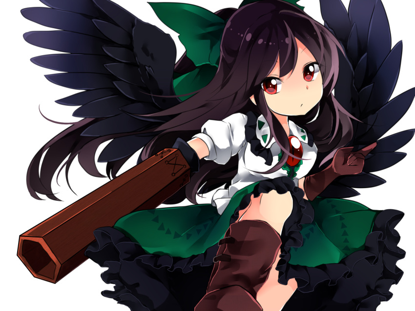 1girl, :/, arm_cannon, bird_wings, black_hair, blouse, boots, bow