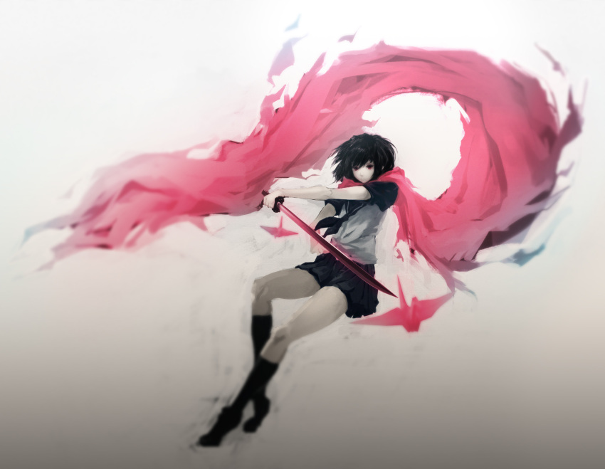 1girl, black_hair, black_skirt, highres, holding, holding_sword, holding_weapon, katana