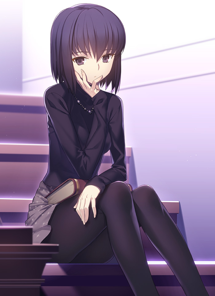 1girl, black_eyes, black_legwear, book, book_on_lap, chin_rest, jewelry, kuonji_alice