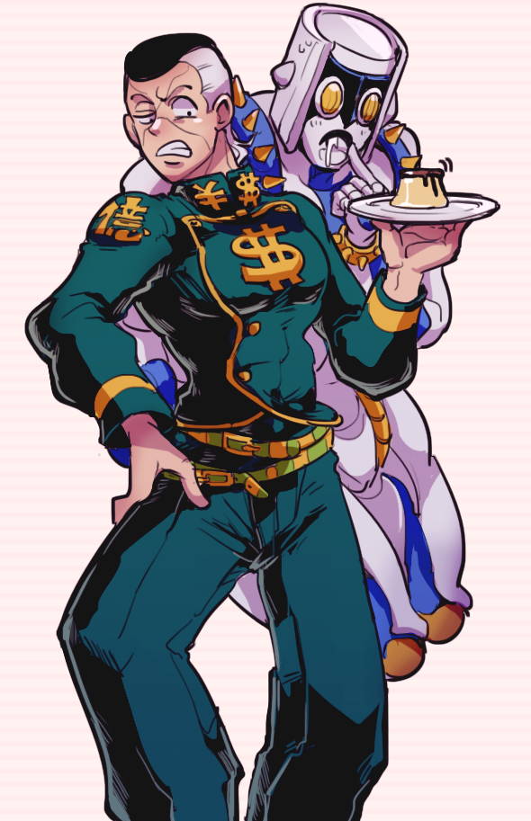 belt, black_hair, chocoblood, dessert, disgust, dollar_sign, drooling, food
