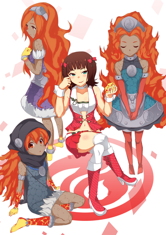 4girls, amami_haruka, armlet, bare_shoulders, choker, chu_kai_man, color_connection, crossover, detached_sleeves, duel_monster, hair_ribbon, headgear, hood, idolmaster, laval_forest_sprite, laval_lakeside_lady, laval_volcano_handmaiden, long_hair, looking_at_viewer, midriff, multiple_girls, navel, ribbon, smile, thigh-highs, thighs, yuu-gi-ou