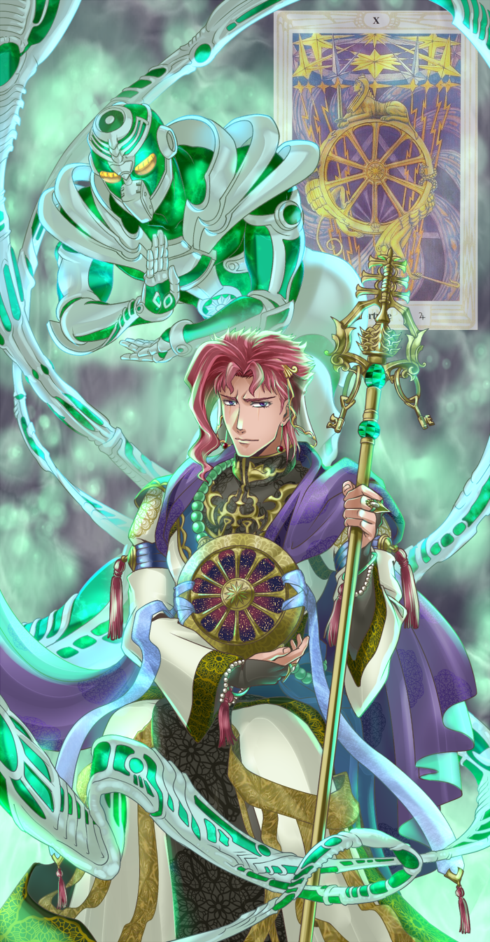 akabane3, armband, bracelet, earrings, headdress, hierophant_green, highres, holding