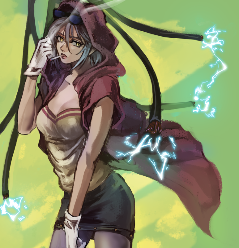 1girl, cigarette, electricity, gloves, halu-ca, hoodie, jojo_no_kimyou_na_bouken, mariah