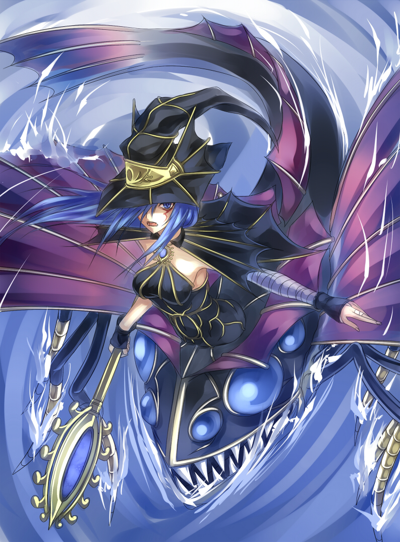 1girl, black_dress, blue_eyes, blue_hair, dress, duel_monster, evigishki_mind_augus, facial_mark, fish, hat, long_hair, looking_at_viewer, monster_girl, open_mouth, staff, sukumo_(kemutai), witch_hat, yuu-gi-ou