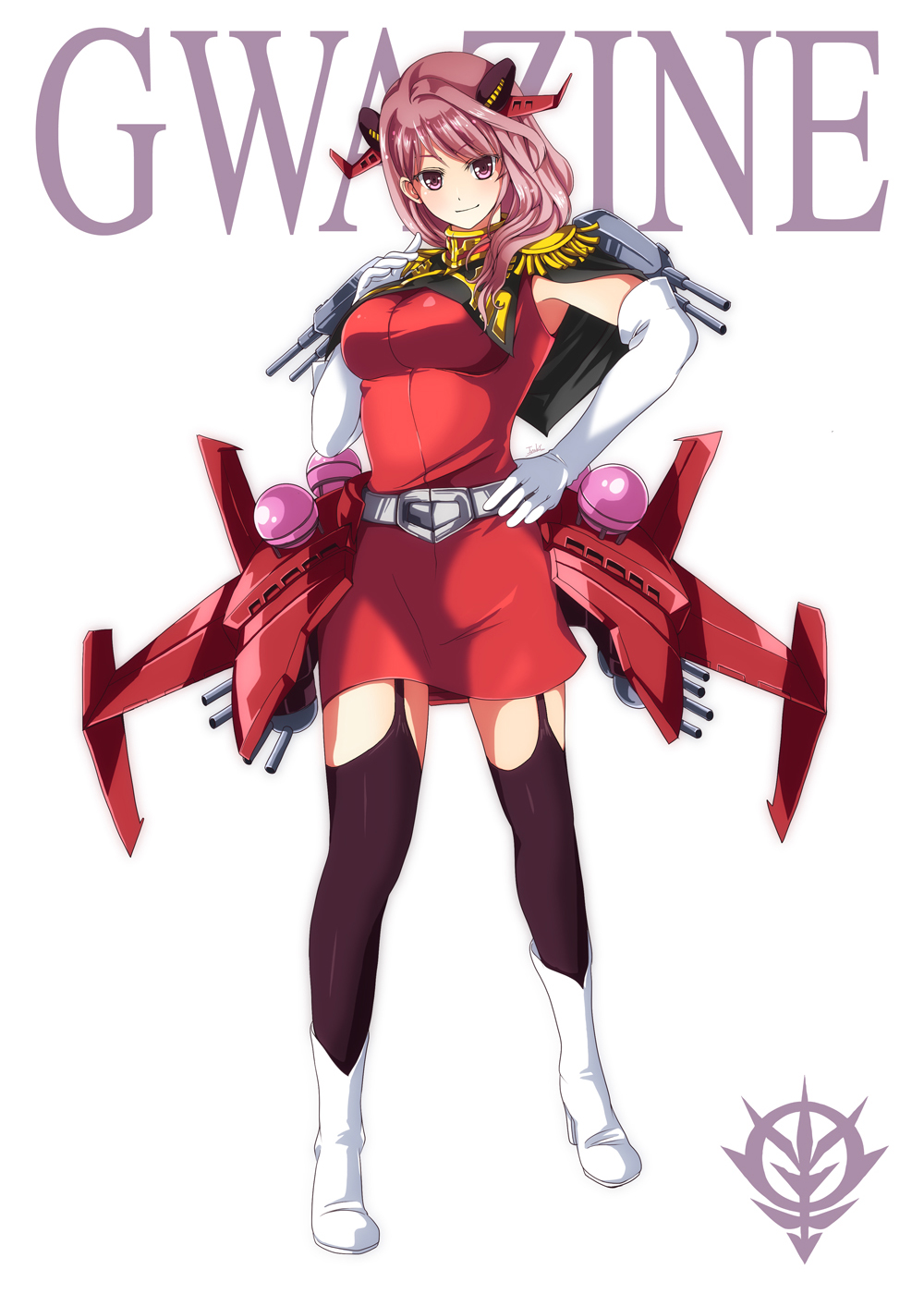 1girl, boots, breasts, capelet, garter_straps, gundam, gwazine, hair_ornament