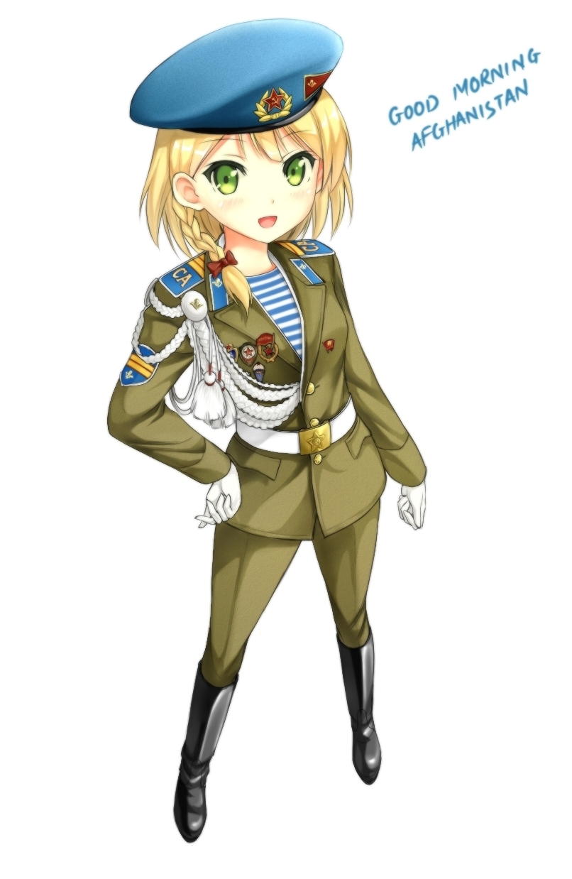 1girl, afghanistan, aiguillette, belt, beret, blonde_hair, blue, boots, braid, breasts, english, gloves, green_eyes, hammer_and_sickle, hat, highres, medal, military, military_uniform, open_mouth, original, patch, phanc, real_life, red, red_army, ribbon, shirt, smile, soviet, soviet_union, striped, striped_shirt, tagme, uniform, white_background