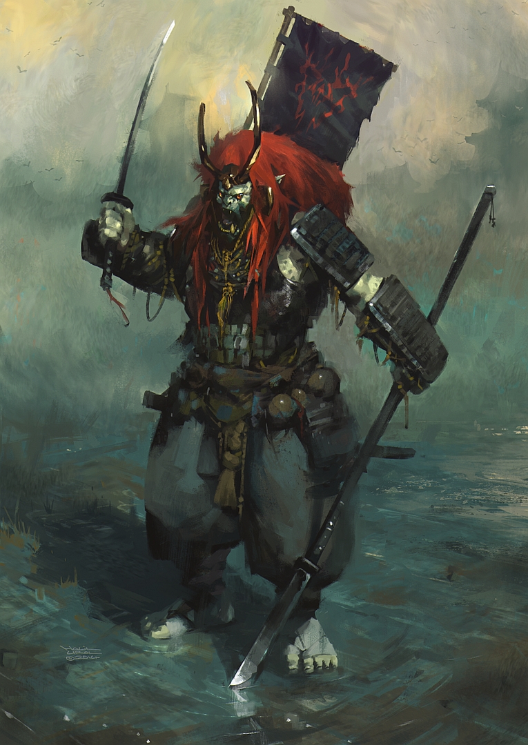 2014, armor, bird, building, fangs, fantasy, halil_ural, horns, japanese_clothes, japanese_house, katana, monster, oni, original, pointy_ears, realistic, redhead, samurai_armor, screaming, signature, sword, weapon, white_skin, yari, yellow_eyes