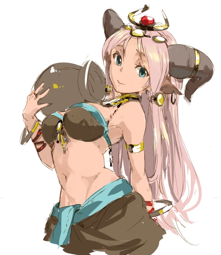 1girl, :>, animal_ears, arm_behind_back, armlet, bangle, blue_eyes, bracelet, channemo, cow_ears, cow_horns, dark_skin, earrings, egyptian, hair_ornament, hathor_(p&amp;d), headpiece, holding, horns, jar, jewelry, long_hair, navel, pink_hair, puzzle_&amp;_dragons, ring, simple_background, smile, solo, white_background
