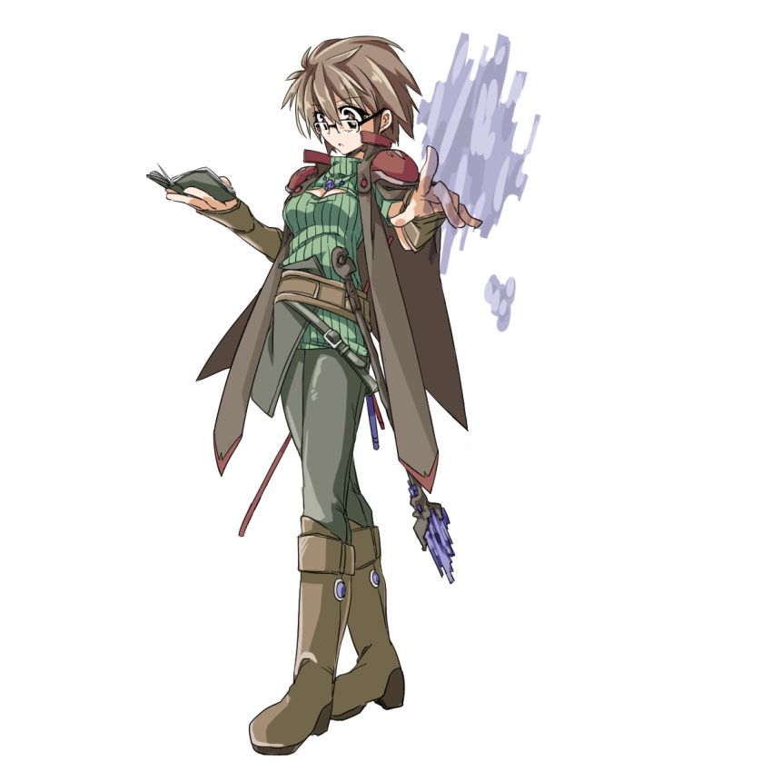 1girl, alternate_costume, aussa, book, breasts, brown_eyes, brown_hair, cleavage