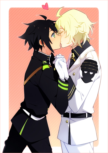 2boys, ahoge, aiwm, black_hair, blonde_hair, blush, closed_eyes, gloves