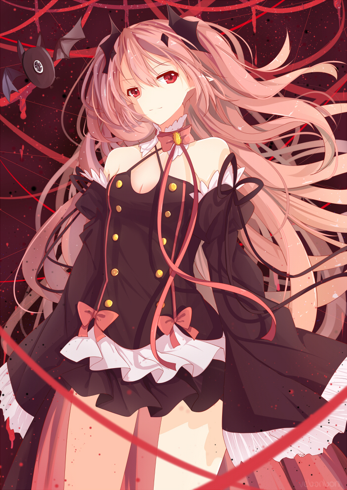 1girl, bare_shoulders, bat, black_dress, boots, bow, detached_sleeves, dress