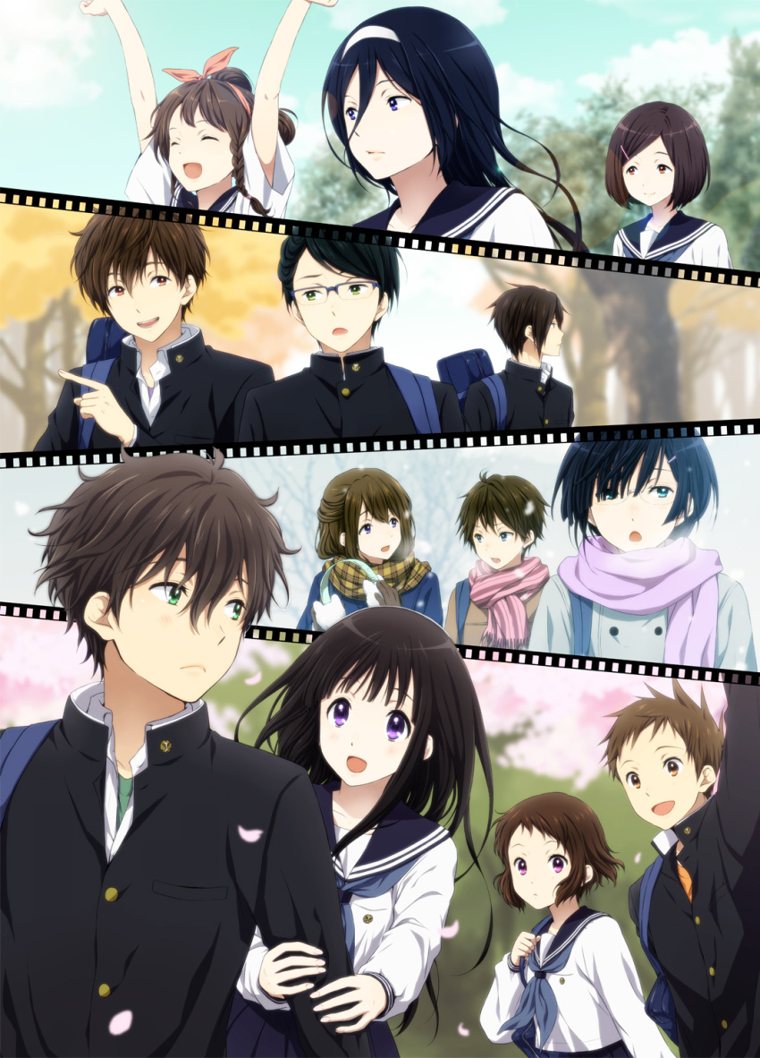 6+boys, 6+girls, bag, black_hair, brown_hair, chitanda_eru, coat, earmuffs