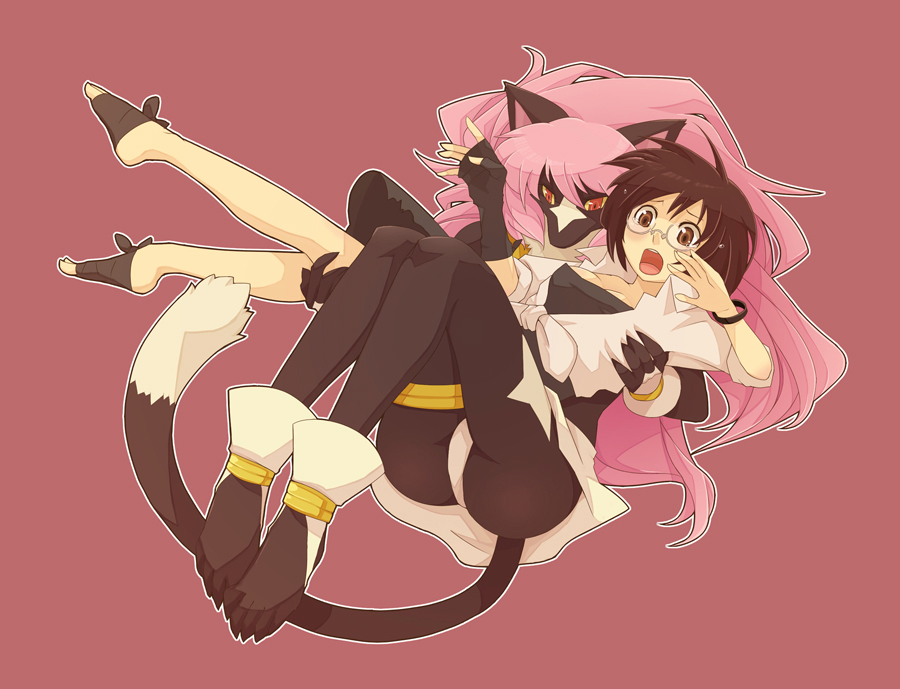 barefoot, blush, brown_hair, carrying, furry, glasses, ibara_no_ou, kasumi_(ibara_no_ou), kasumi_ishiki, long_hair, pink_hair, princess_carry, short_hair, tail, yow, zeus_race