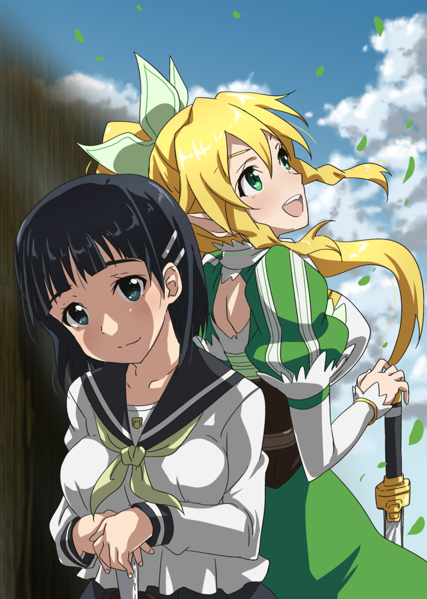 1girl, 2girls, black_hair, blonde_hair, braid, dual_persona, green_eyes, highres