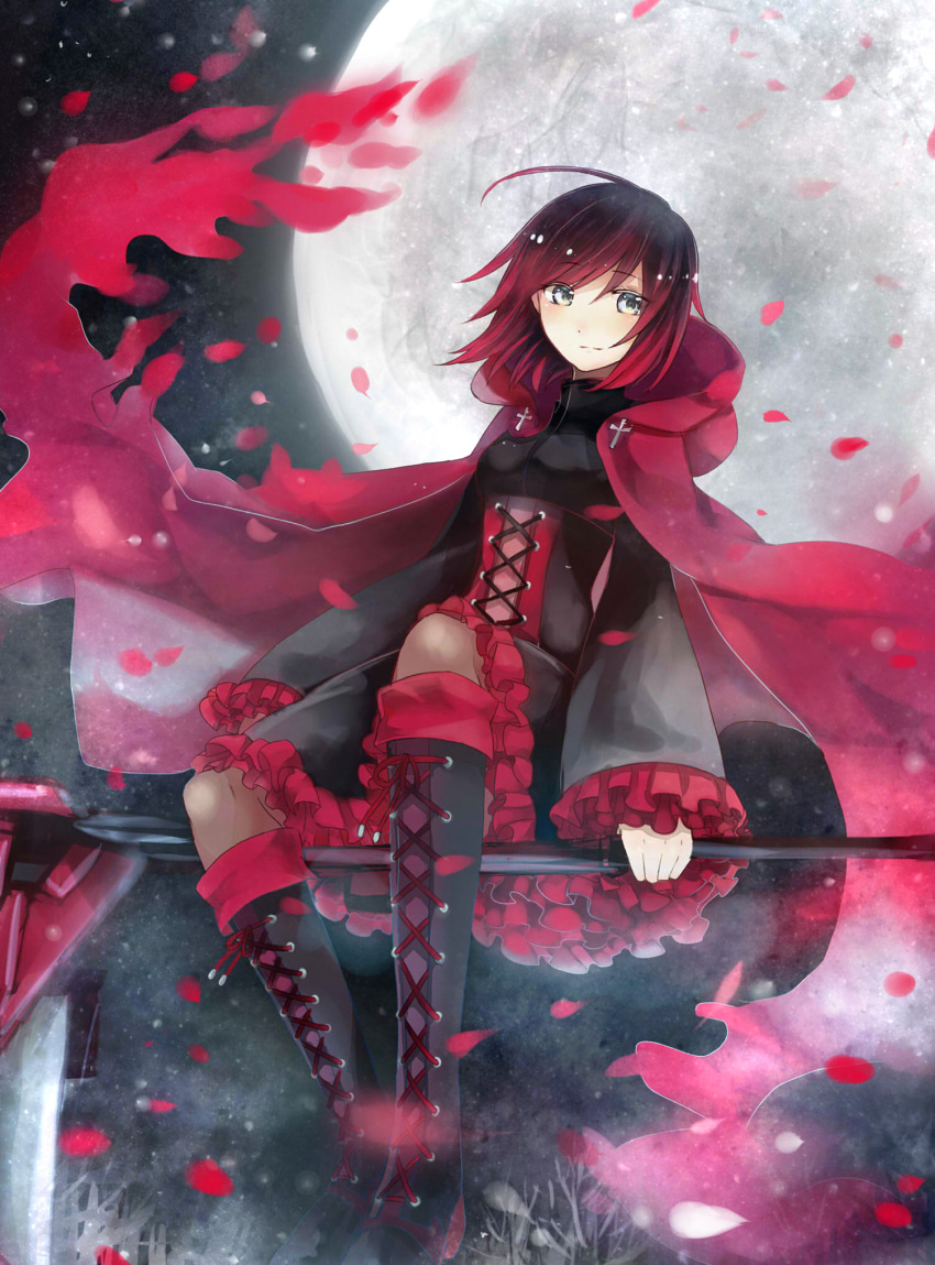 1girl, akikaze_(pokekinokokikaku), boots, dress, full_moon, grey_eyes, highres, knee_boots, lolita_fashion, moon, pantyhose, petals, ruby_rose, rwby, scythe, short_hair, sitting_on_object, solo, weapon