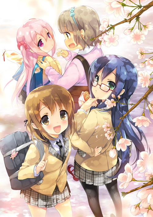 10s, 2015, 4girls, aizawa_yuu_(pan_de_peace!), animal, black_hair, black_legwear, bow