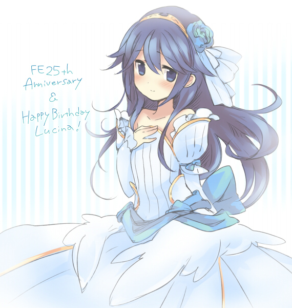 1girl, alternate_costume, anniversary, bare_shoulders, blue_eyes, blue_hair, blue_rose, blush
