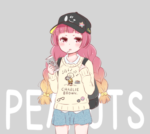 1girl, backpack, bag, bangs, blunt_bangs, blush, braid, candy