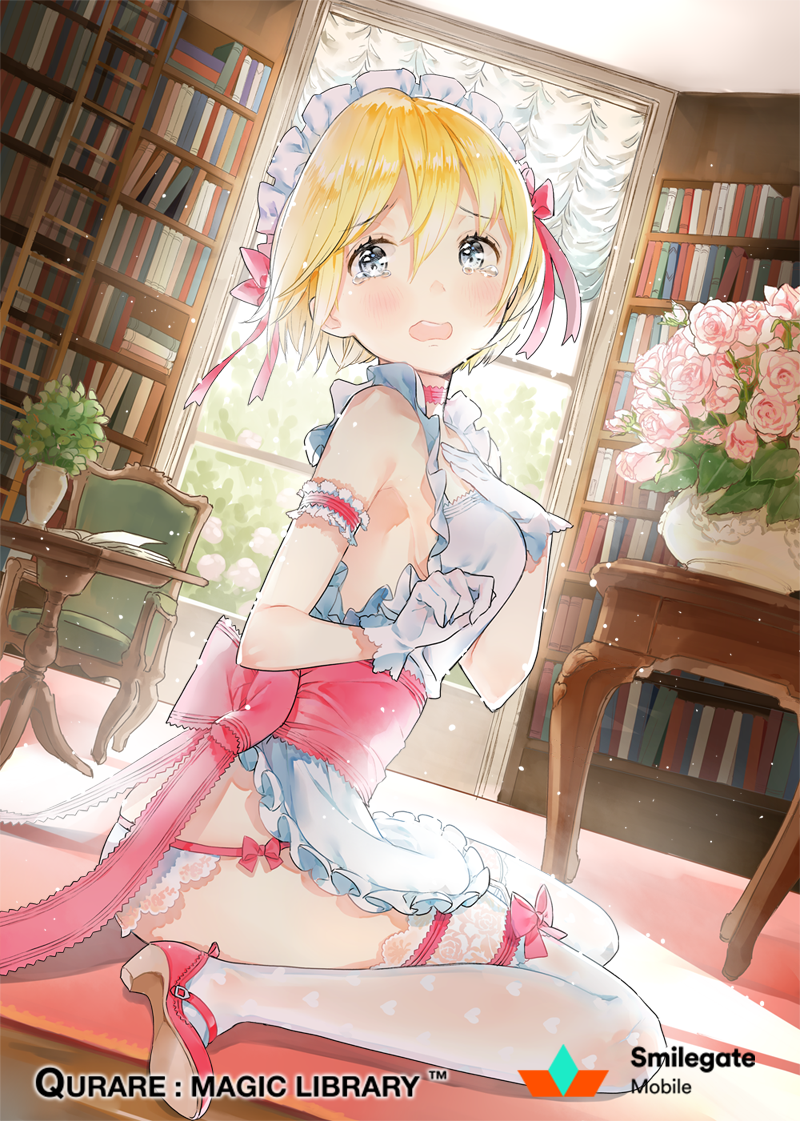 1girl, anco_(melon85), apron, armband, blonde_hair, blush, book, bookshelf