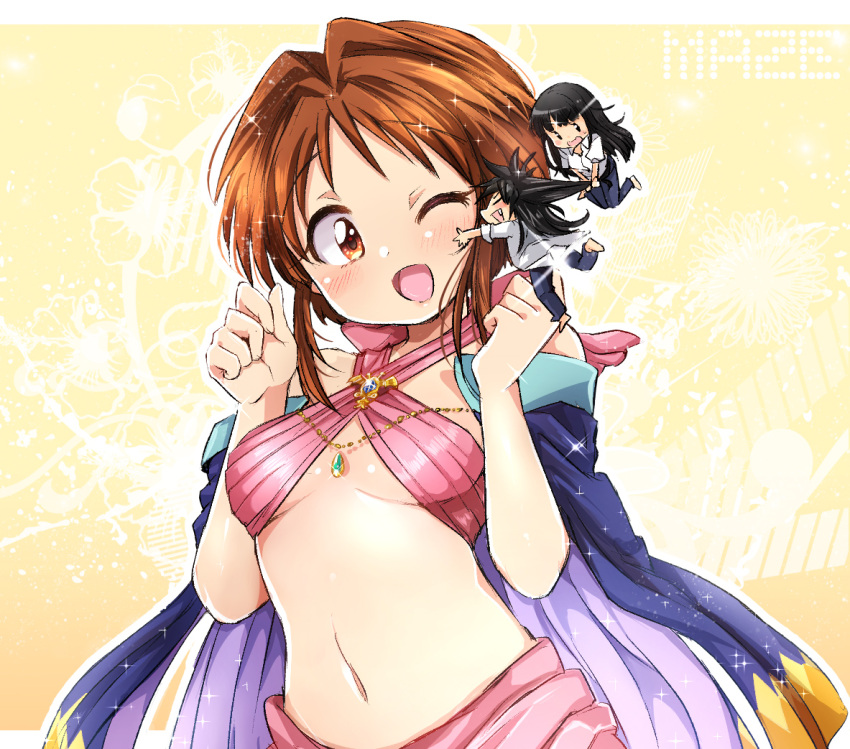 1boy, 1girl, black_hair, blush, breasts, brother_and_sister, brown_hair, ikaruga_akira, ikaruga_mei, kamiya_zuzu, long_hair, maze_bakunetsu_jikuu, mill_varna, multiple_girls, navel, siblings