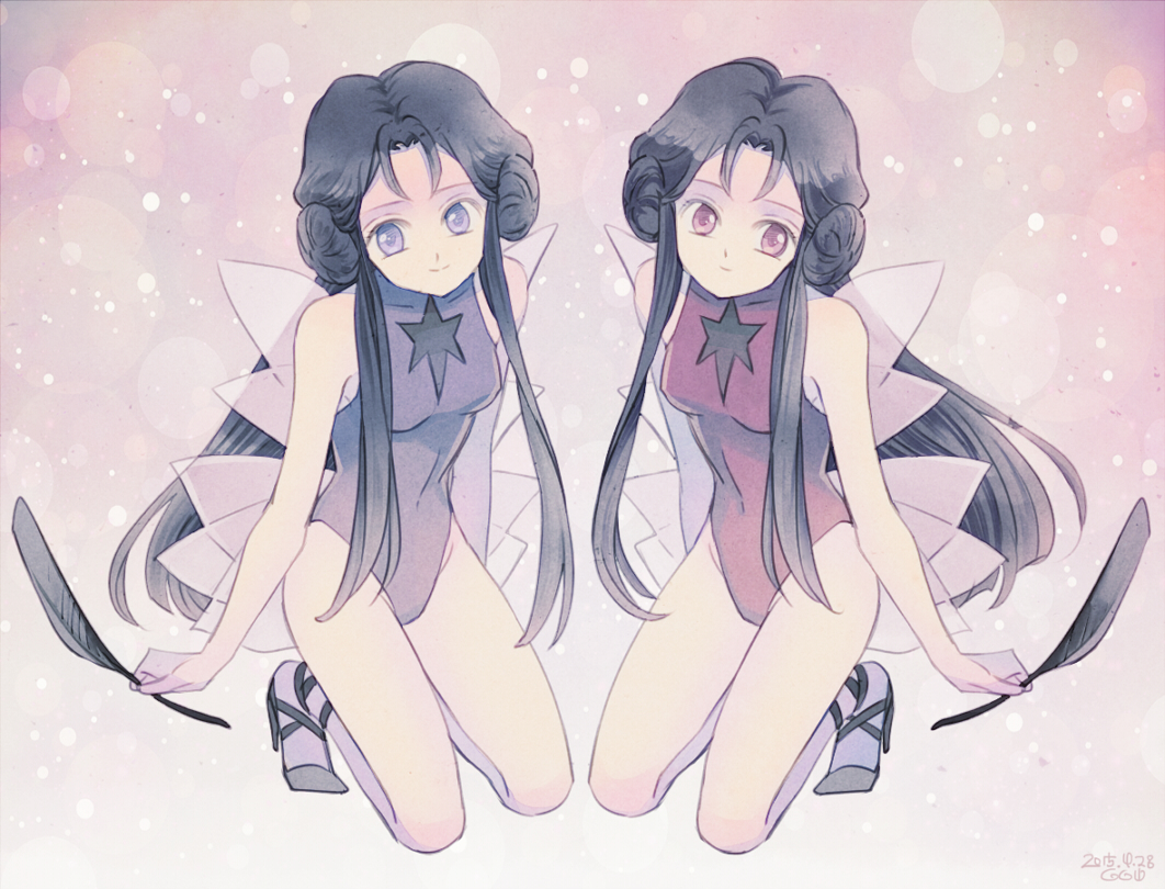 2015, 2girls, bare_legs, bishoujo_senshi_sailor_moon, black_hair, dated, deimos_(sailor_moon), double_bun
