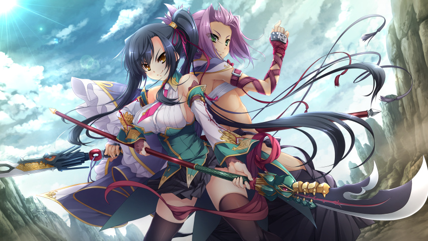 2girls, back-to-back, bandages, bare_shoulders, black_hair, black_legwear, breasts, cape